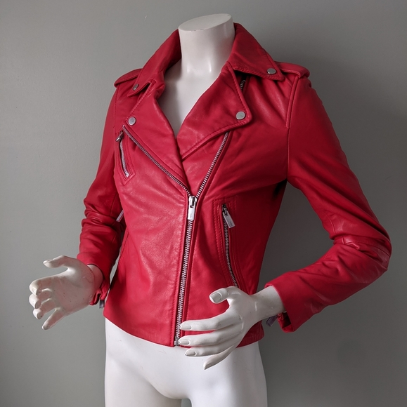 Mango Fire Engine Red Leather Motorcycle Jacket S - Picture 7 of 10